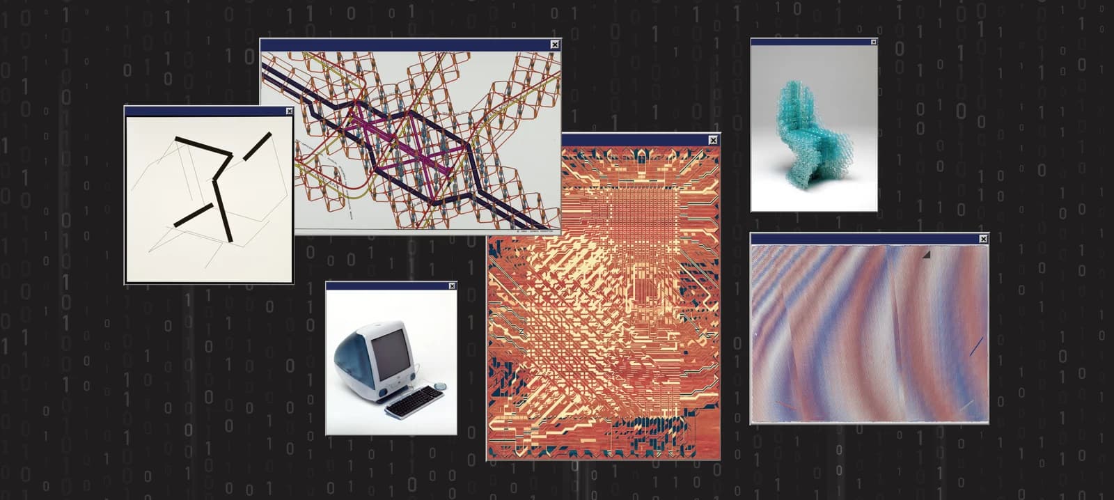 Official Computer Worlds graphic combining computer art, a diagram, a chair and an early iMac.