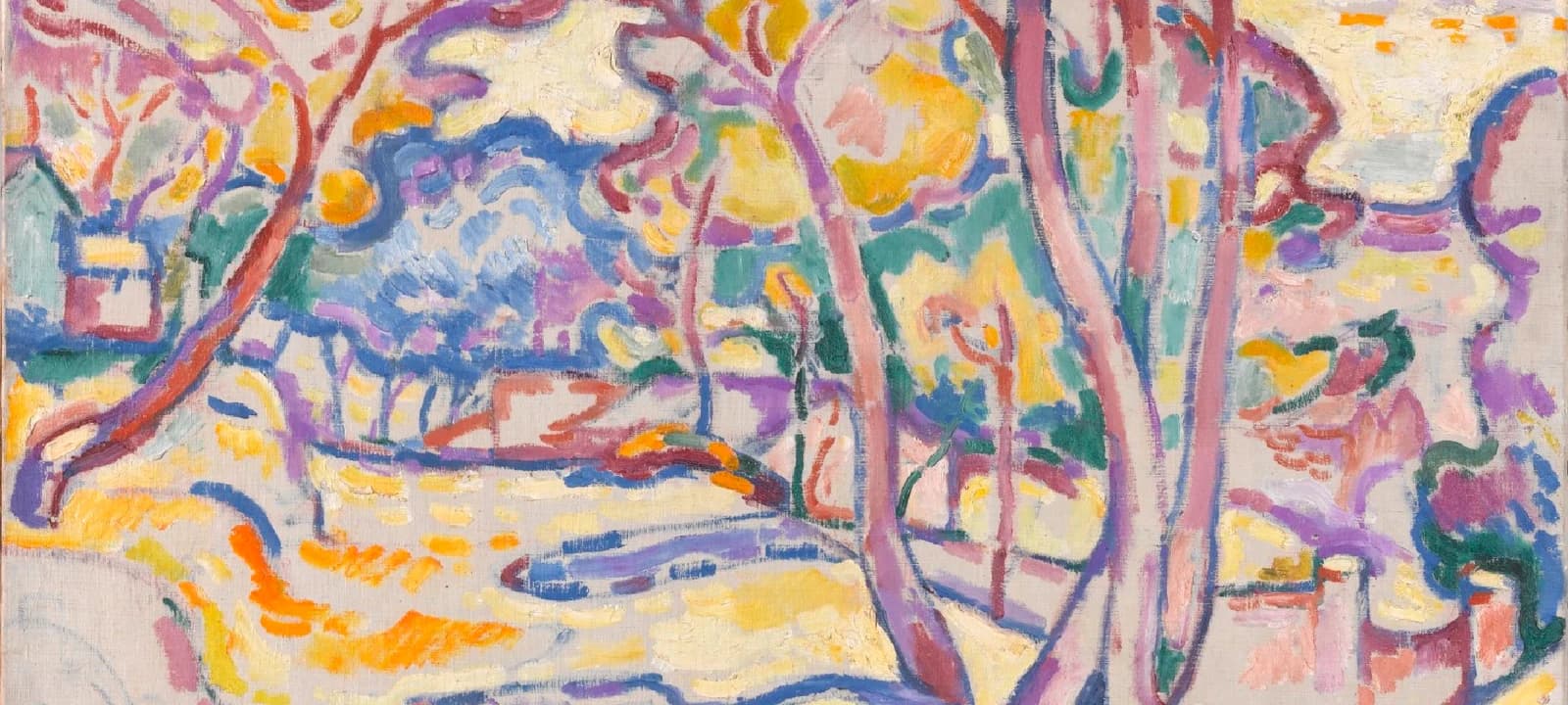 Colourful landscape painting used for Reinventing Landscape at West Bund Museum.