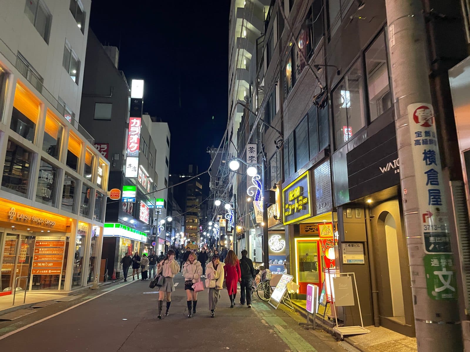 Ebisu Ginza shopping street at night in February 2025, not the interior of Bar TRENCH