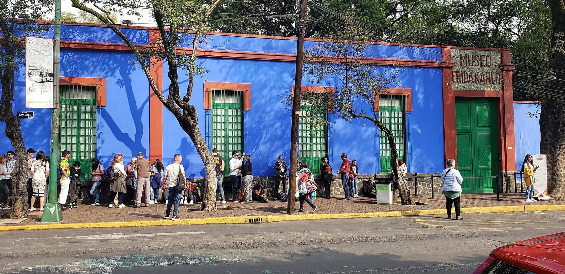 Blue exterior of Museo Frida Kahlo in Coyoacán, photographed in October 2019