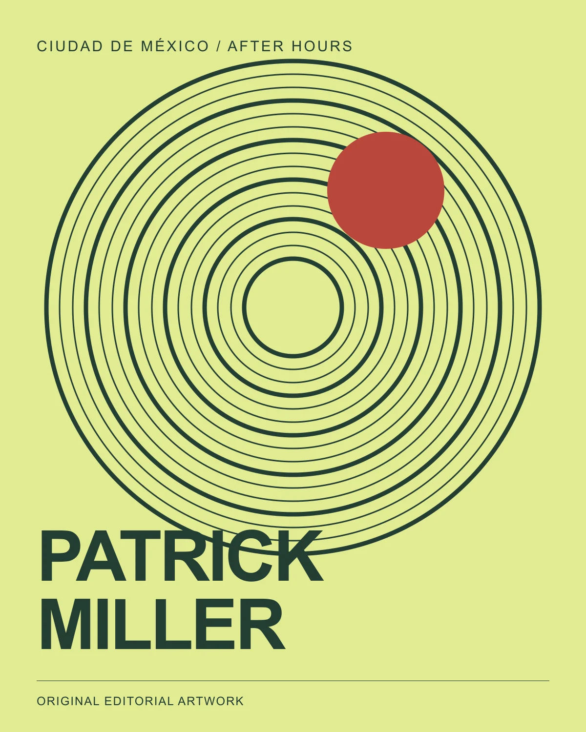 Cartel editorial original de Patrick Miller en CDMX; ilustración, no fotografía del lugar