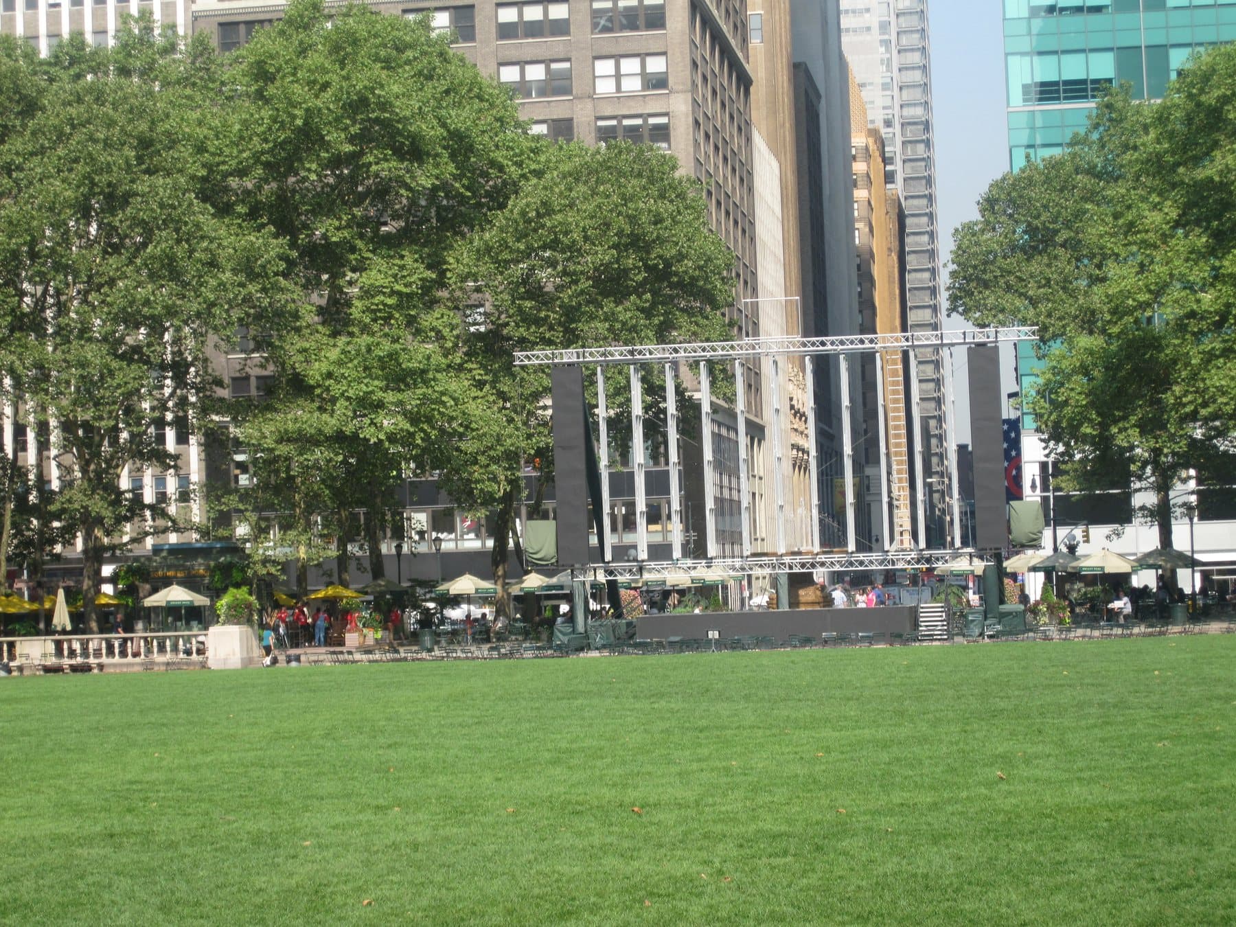 The lawn and surrounding buildings at Bryant Park, photographed in July 2009
