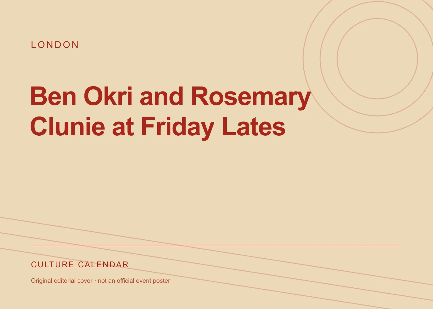 Original editorial programme cover: Ben Okri and Rosemary Clunie at Friday Lates. This is not the organiser’s official poster.