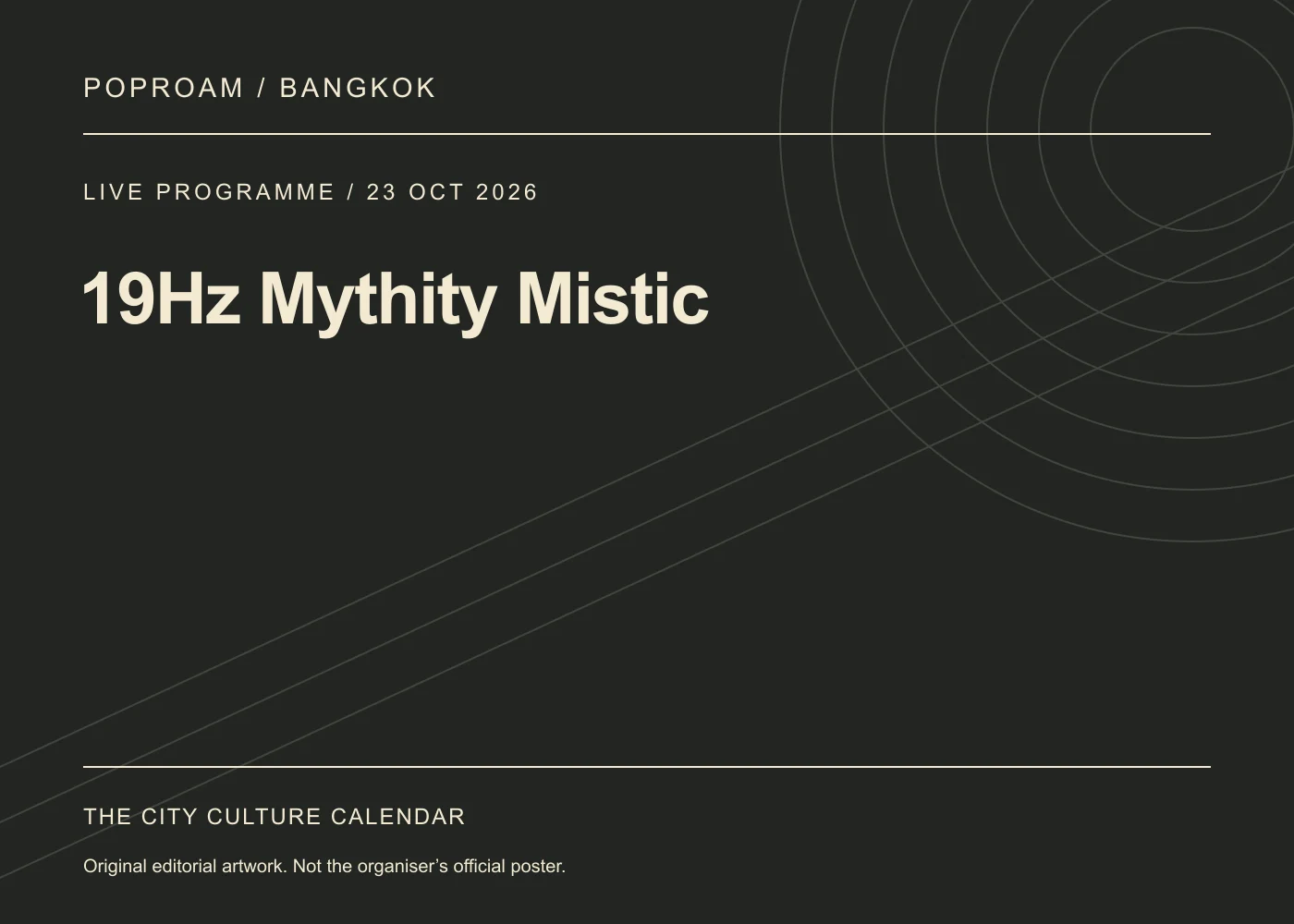 Original editorial programme artwork for 19Hz Mythity Mistic. This is not the organiser’s official poster.
