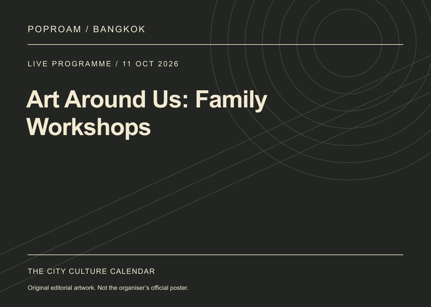 Original editorial programme artwork for Art Around Us: Family Workshops. This is not the organiser’s official poster.
