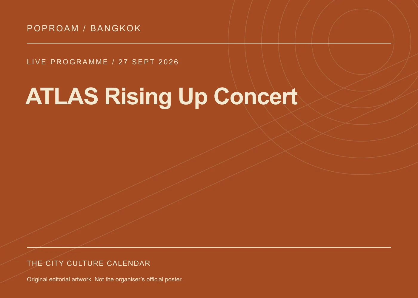 Original editorial programme artwork for ATLAS Rising Up Concert. This is not the organiser’s official poster.