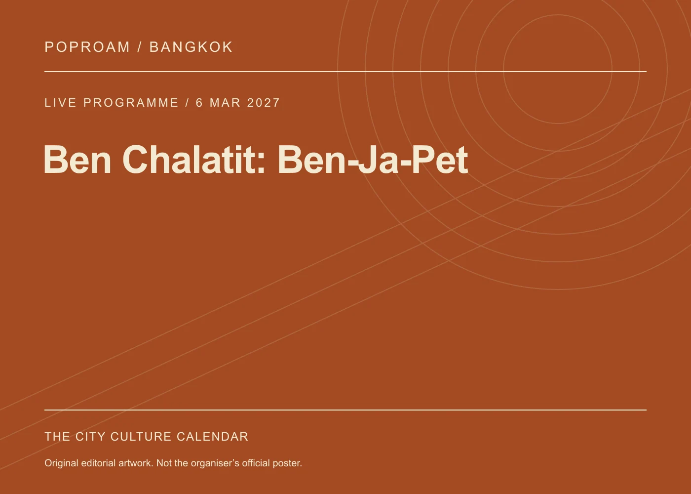 Original editorial programme artwork for Ben Chalatit: Ben-Ja-Pet. This is not the organiser’s official poster.