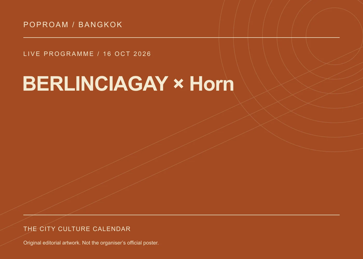 Original editorial programme artwork for BERLINCIAGAY × Horn. This is not the organiser’s official poster.