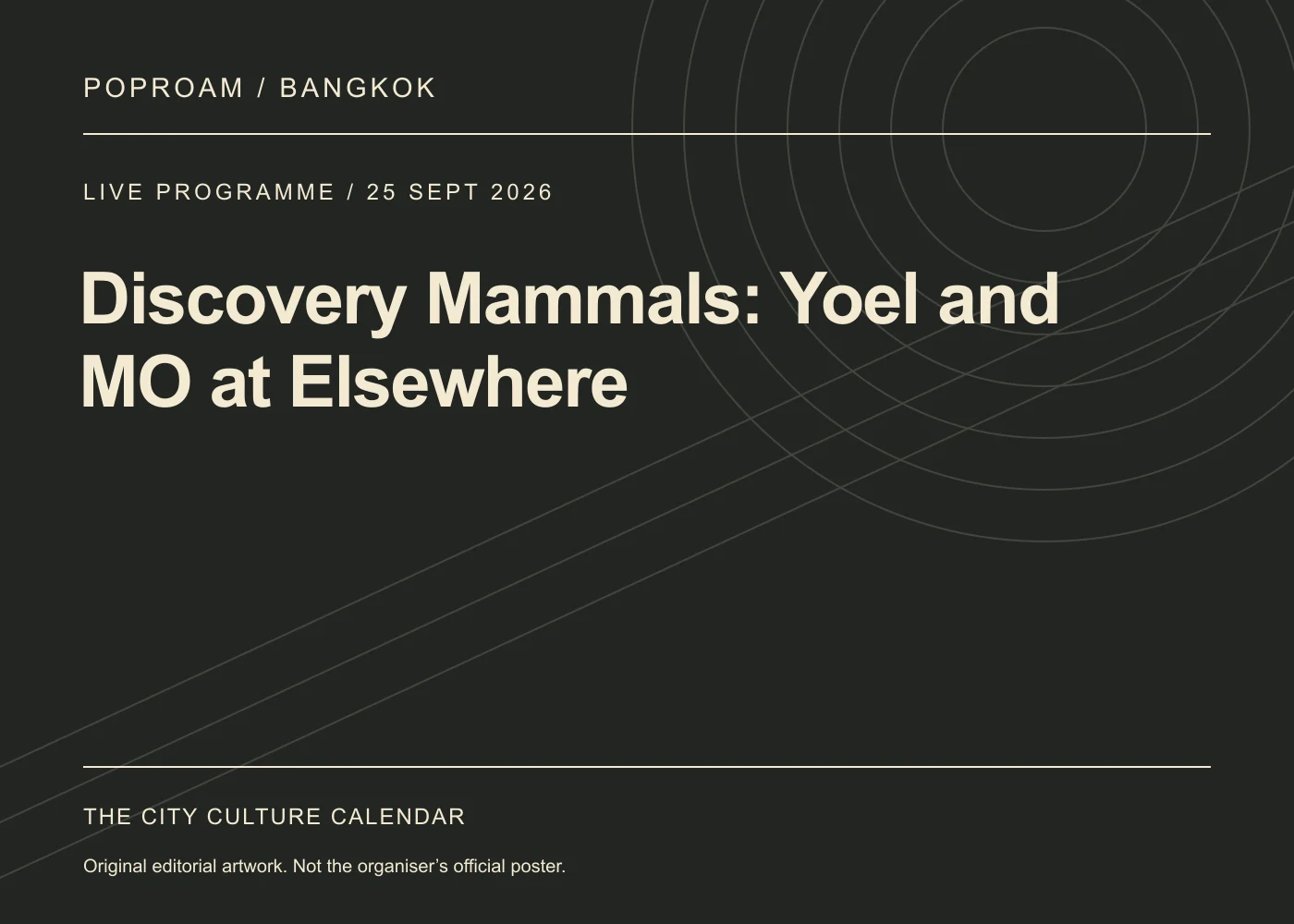 Original editorial programme artwork for Discovery Mammals: Yoel and MO at Elsewhere. This is not the organiser’s official poster.