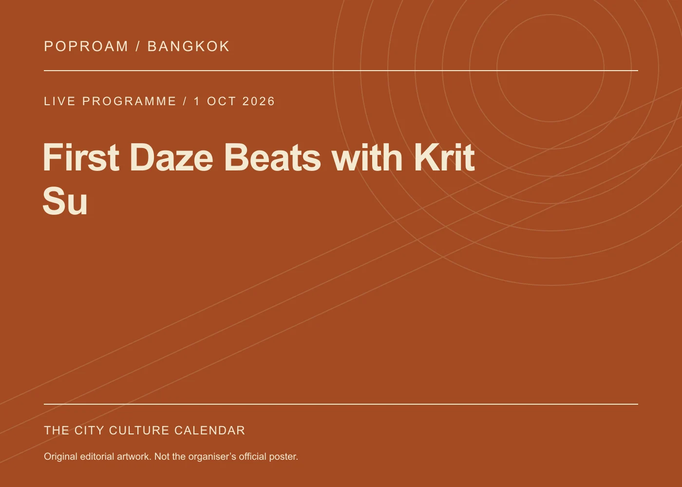 Original editorial programme artwork for First Daze Beats with Krit Su. This is not the organiser’s official poster.