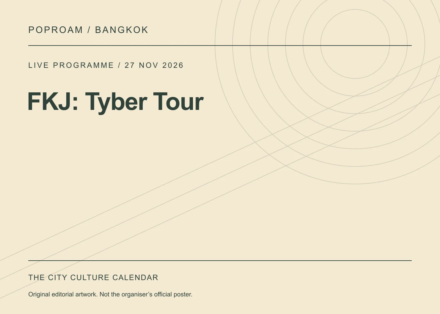Original editorial programme artwork for FKJ: Tyber Tour. This is not the organiser’s official poster.