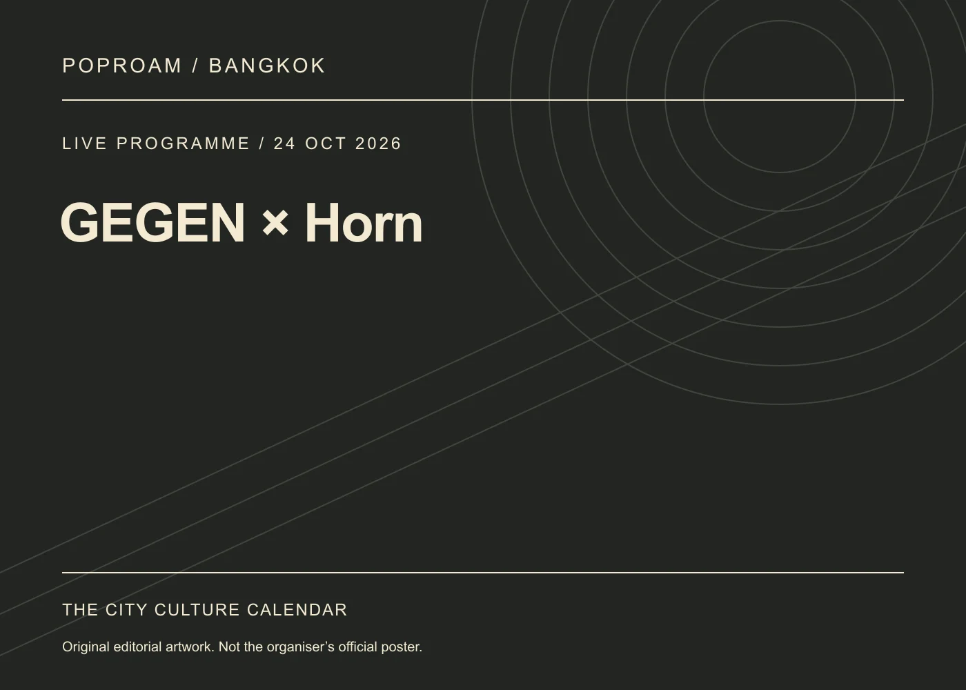 Original editorial programme artwork for GEGEN × Horn. This is not the organiser’s official poster.