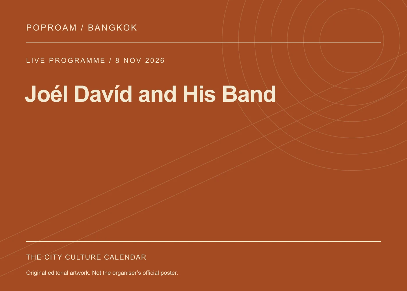 Original editorial programme artwork for Joél Davíd and His Band. This is not the organiser’s official poster.