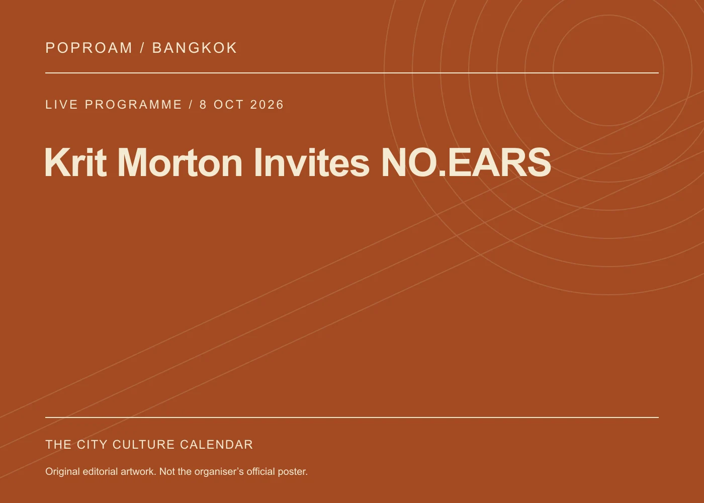 Original editorial programme artwork for Krit Morton Invites NO.EARS. This is not the organiser’s official poster.
