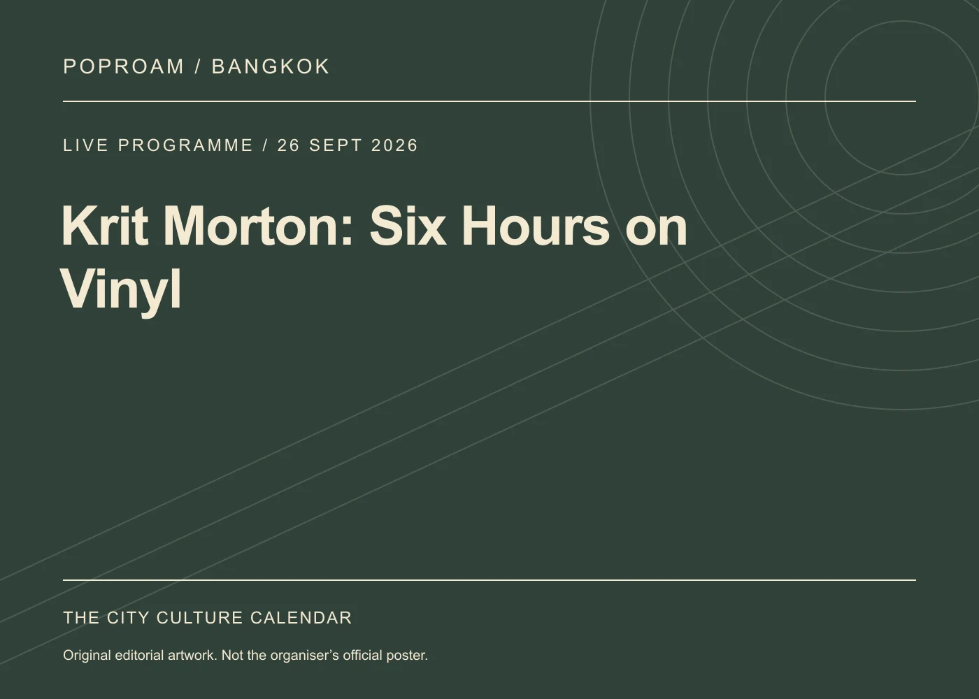 Original editorial programme artwork for Krit Morton: Six Hours on Vinyl. This is not the organiser’s official poster.