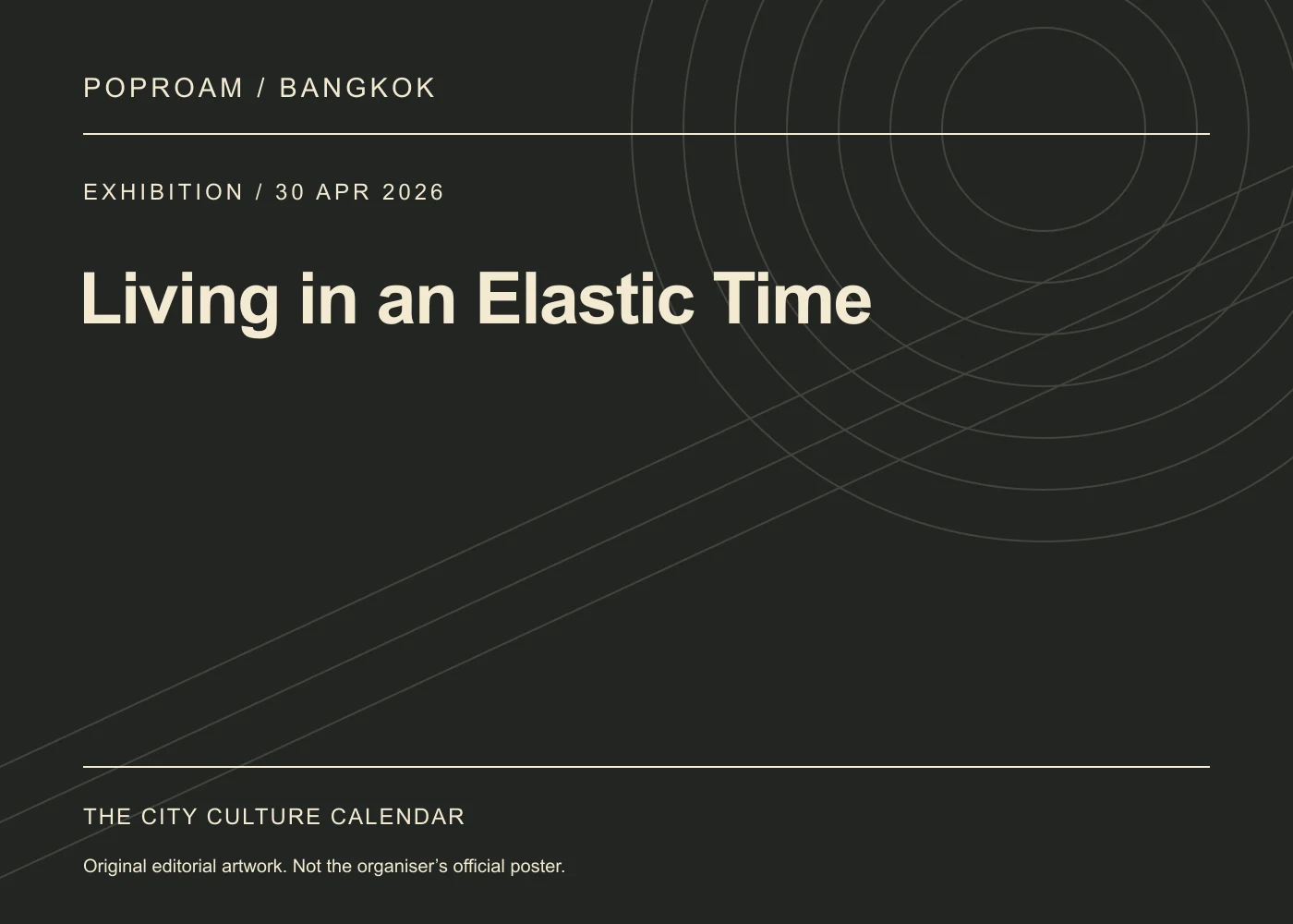 Original editorial programme artwork for Living in an Elastic Time. This is not the organiser’s official poster.