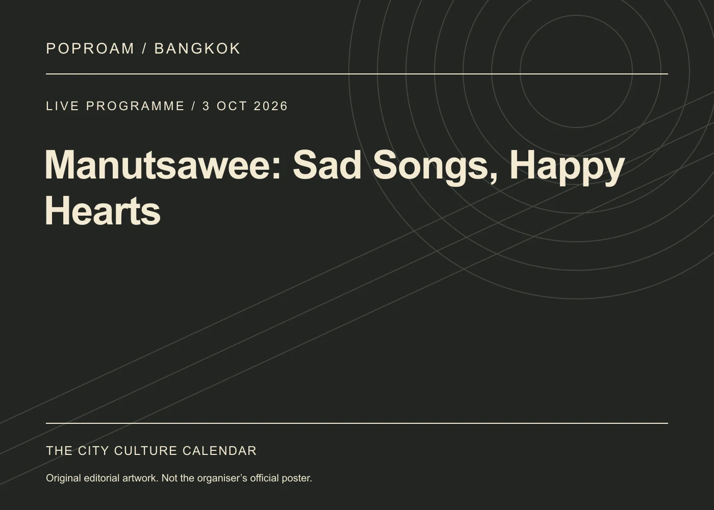 Original editorial programme artwork for Manutsawee: Sad Songs, Happy Hearts. This is not the organiser’s official poster.