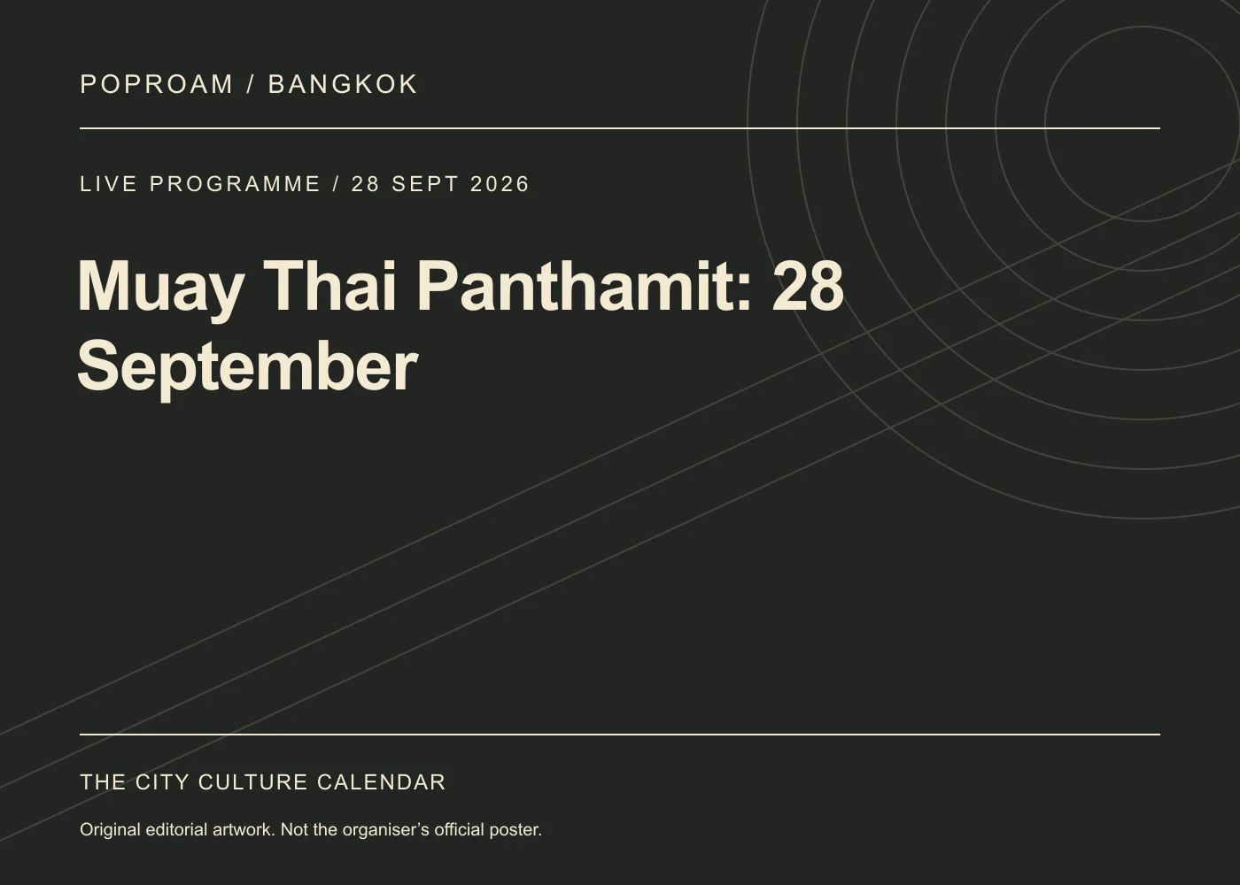 Original editorial programme artwork for Muay Thai Panthamit: 28 September. This is not the organiser’s official poster.