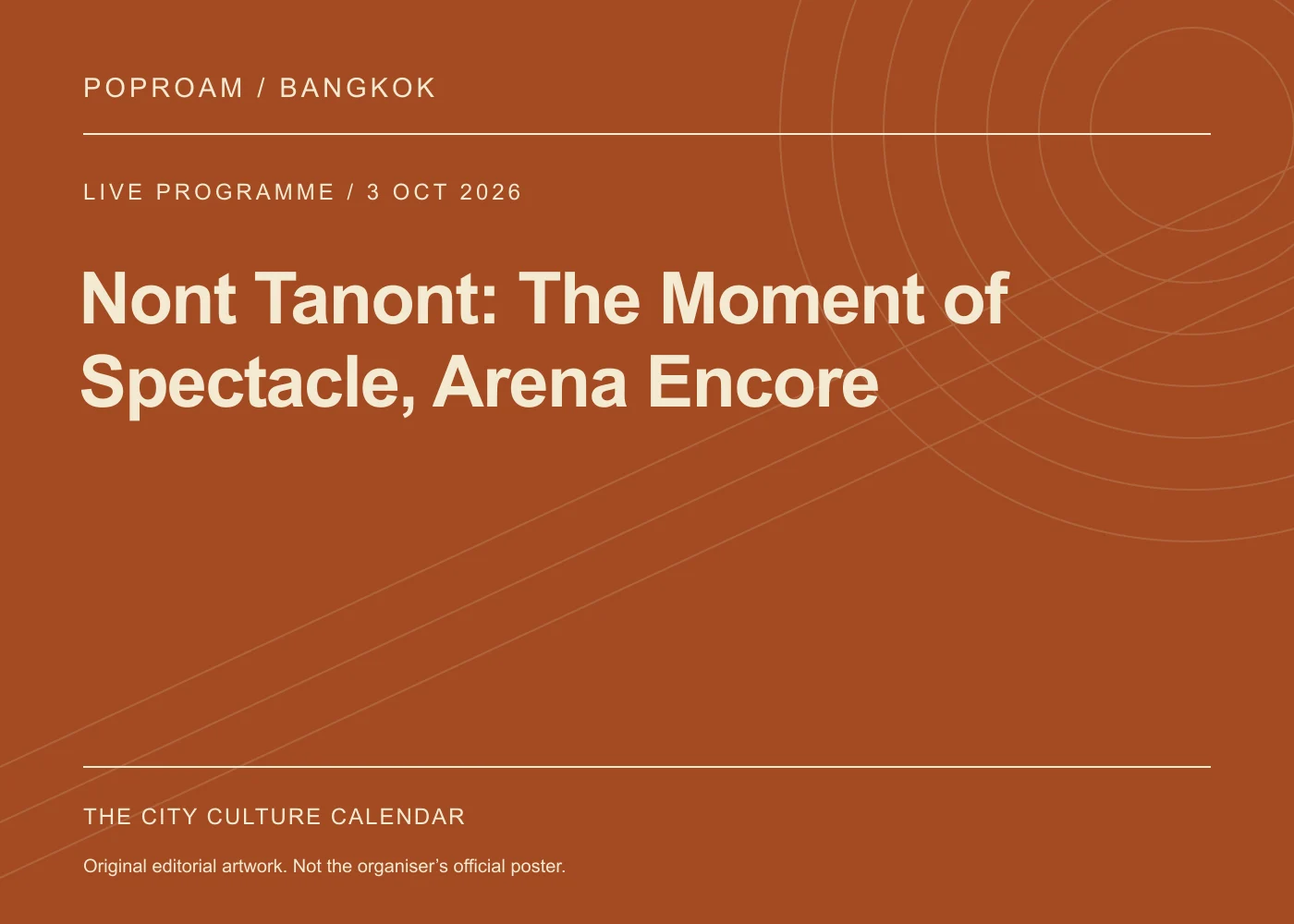 Original editorial programme artwork for Nont Tanont: The Moment of Spectacle, Arena Encore. This is not the organiser’s official poster.