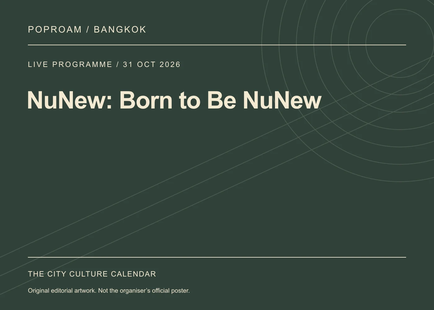 Original editorial programme artwork for NuNew: Born to Be NuNew. This is not the organiser’s official poster.