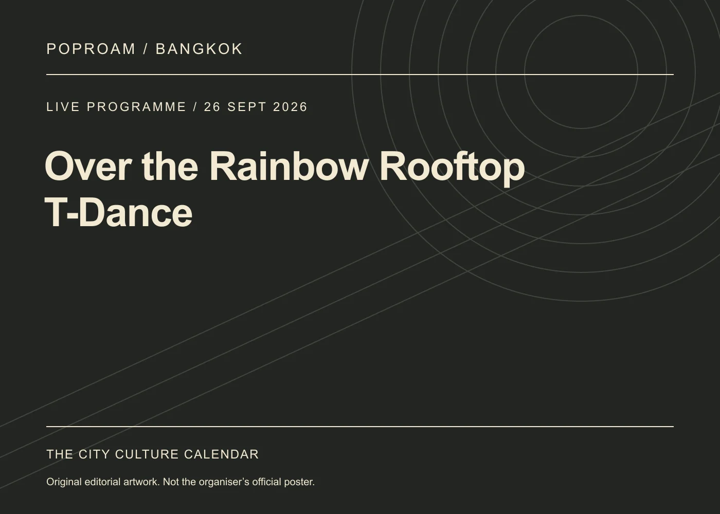 Original editorial programme artwork for Over the Rainbow Rooftop T-Dance. This is not the organiser’s official poster.