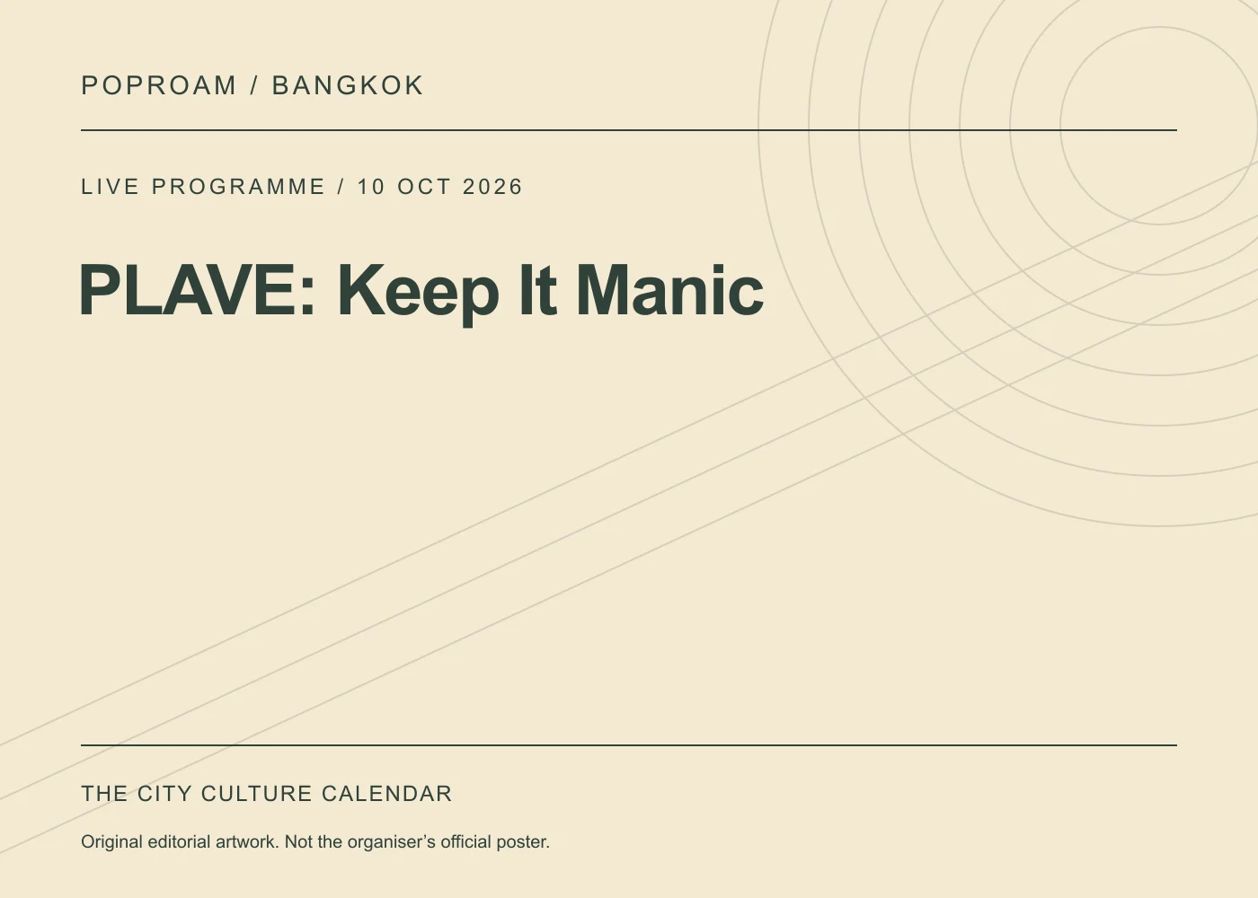 Original editorial programme artwork for PLAVE: Keep It Manic. This is not the organiser’s official poster.