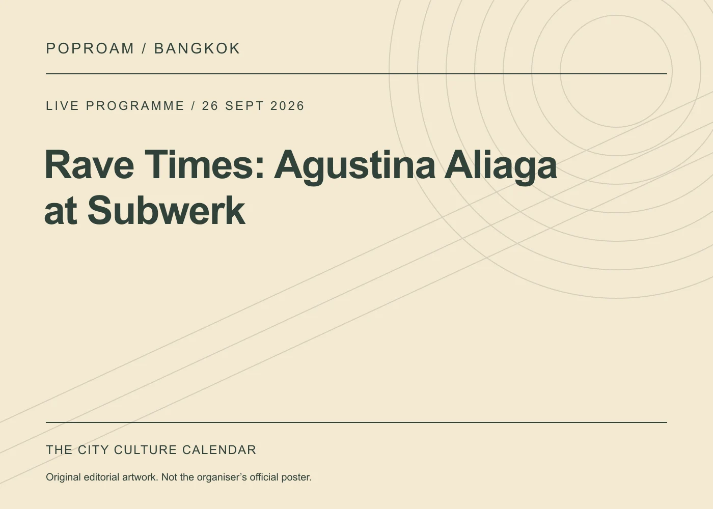 Original editorial programme artwork for Rave Times: Agustina Aliaga at Subwerk. This is not the organiser’s official poster.