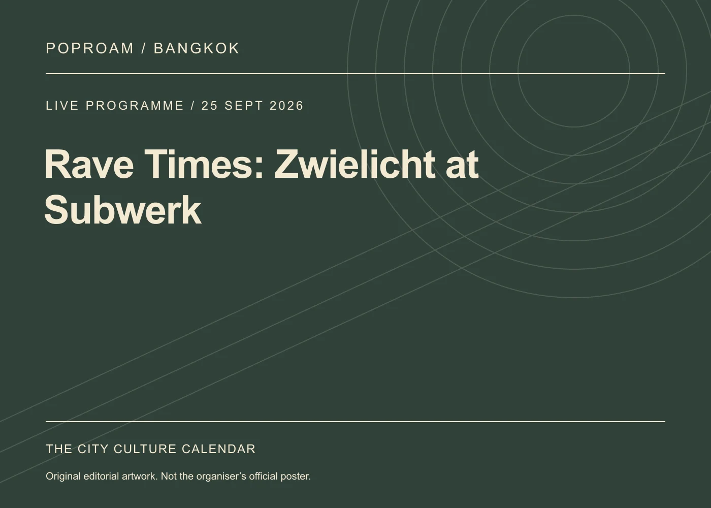 Original editorial programme artwork for Rave Times: Zwielicht at Subwerk. This is not the organiser’s official poster.
