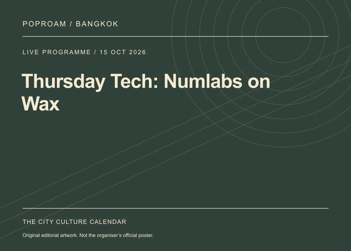 Original editorial programme artwork for Thursday Tech: Numlabs on Wax. This is not the organiser’s official poster.