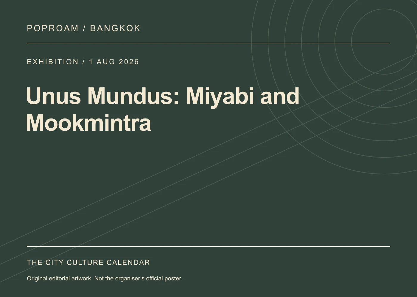 Original editorial programme artwork for Unus Mundus: Miyabi and Mookmintra. This is not the organiser’s official poster.
