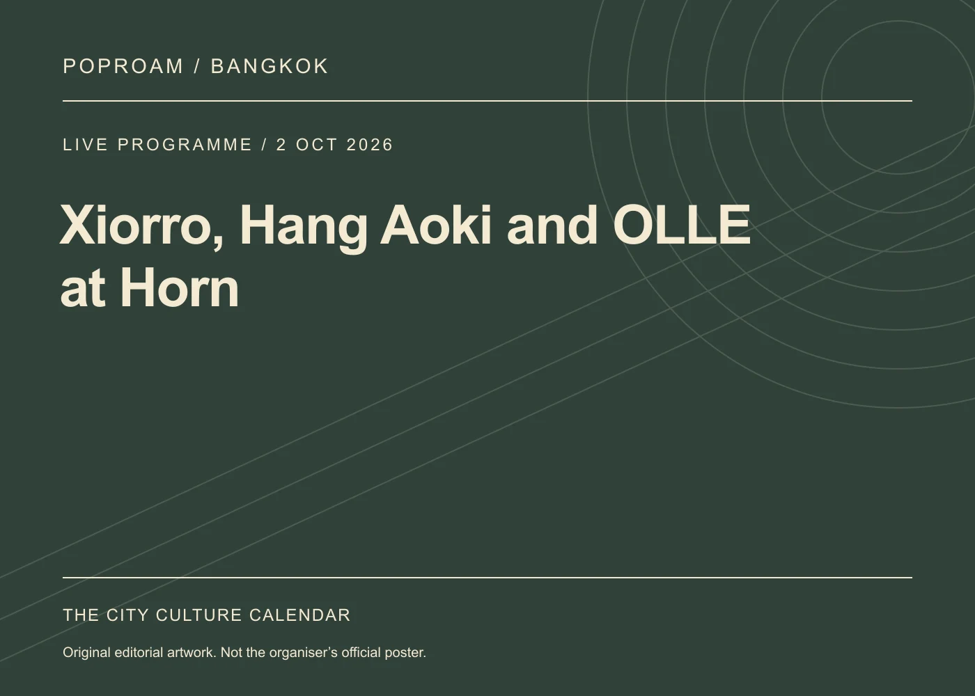 Original editorial programme artwork for Xiorro, Hang Aoki and OLLE at Horn. This is not the organiser’s official poster.