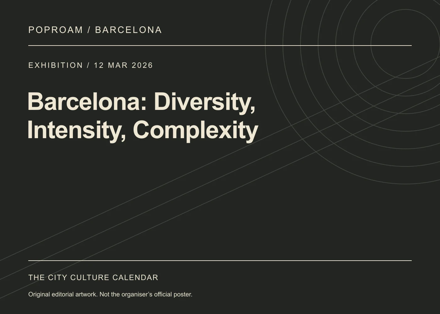 Original editorial programme artwork for Barcelona: Diversity, Intensity, Complexity. This is not the organiser’s official poster.