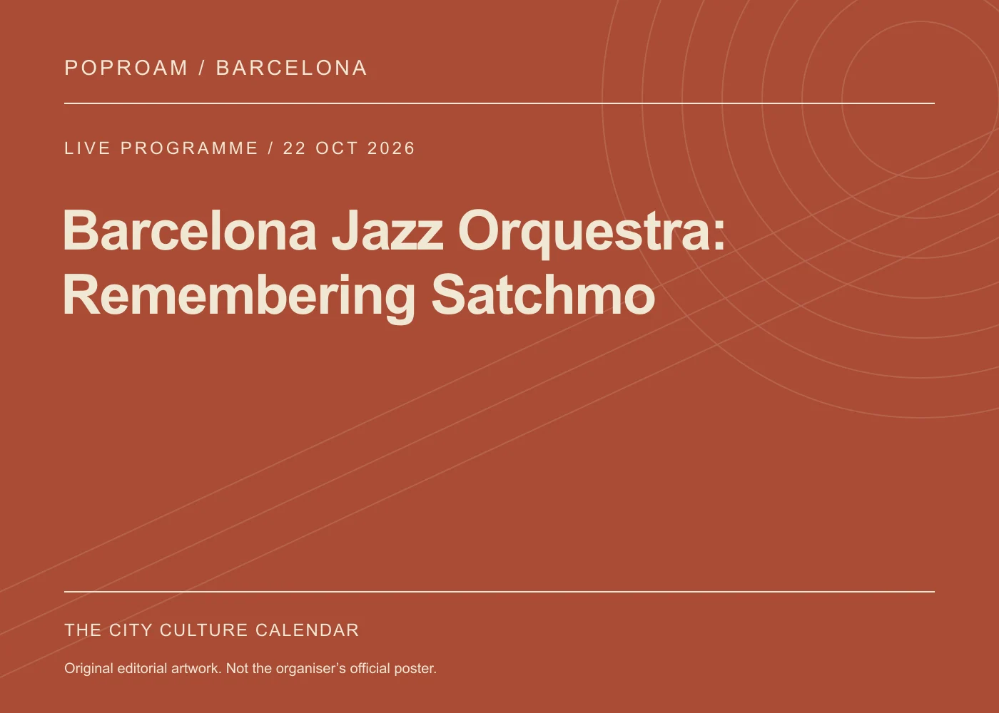 Original editorial programme artwork for Barcelona Jazz Orquestra: Remembering Satchmo. This is not the organiser’s official poster.