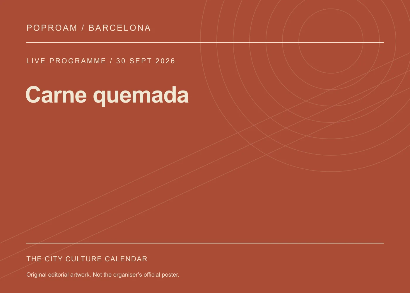 Original editorial programme artwork for Carne quemada. This is not the organiser’s official poster.