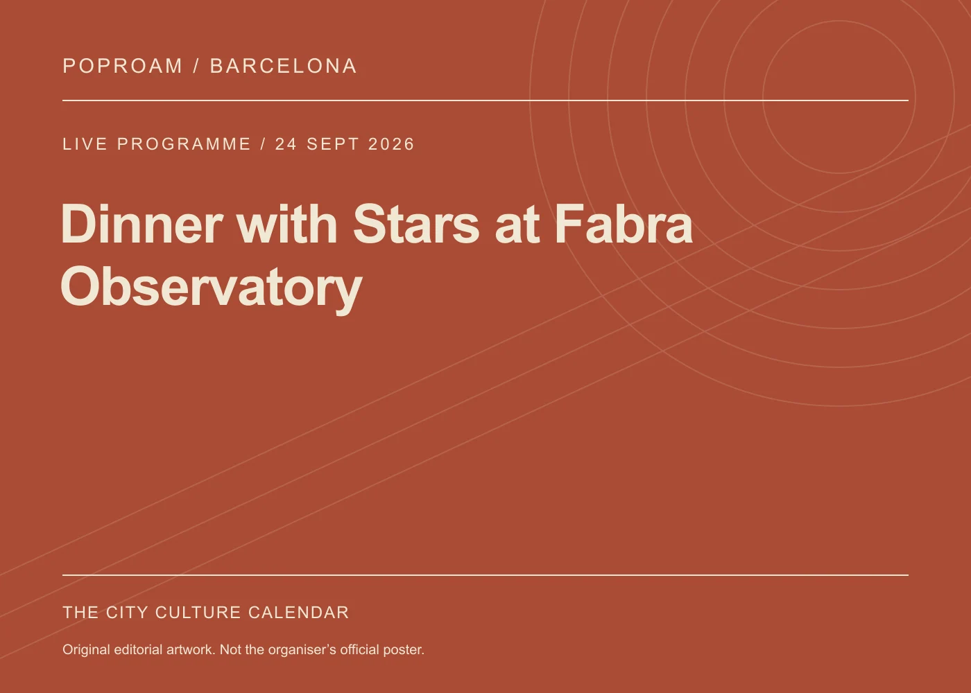 Original editorial programme artwork for Dinner with Stars at Fabra Observatory. This is not the organiser’s official poster.