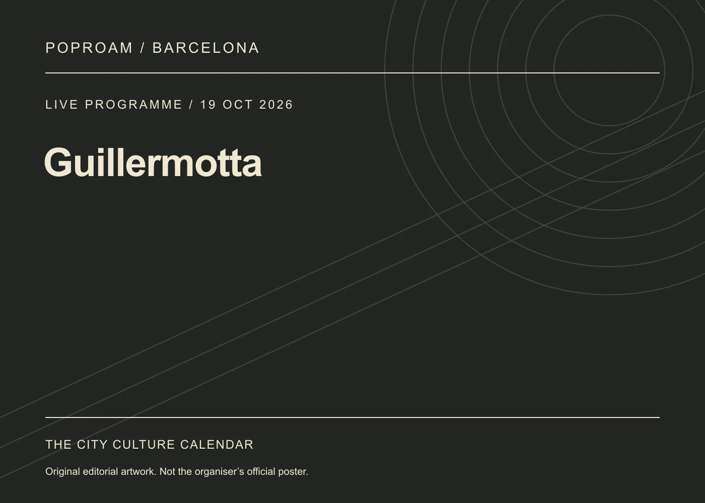 Original editorial programme artwork for Guillermotta. This is not the organiser’s official poster.