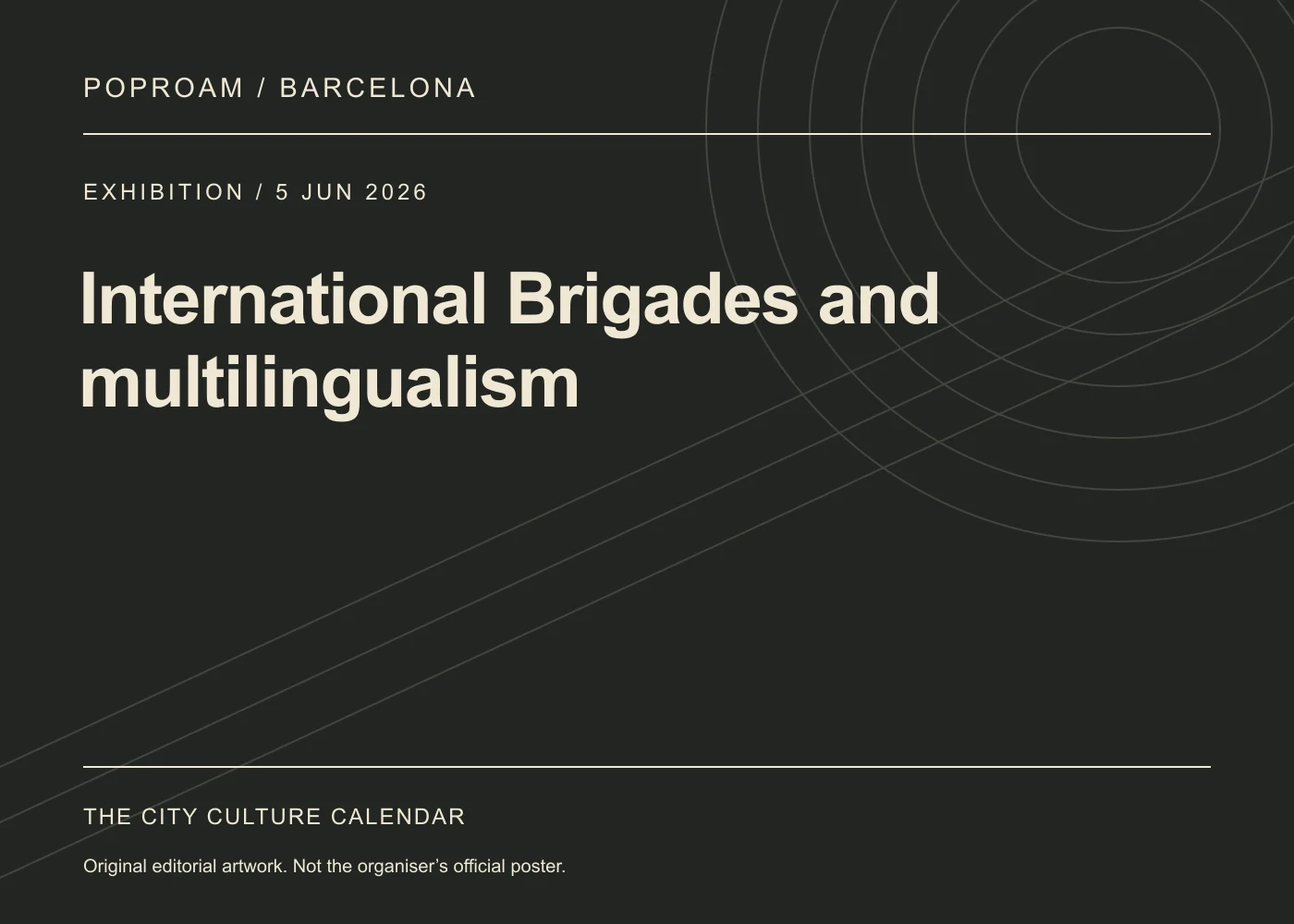 Original editorial programme artwork for International Brigades and multilingualism. This is not the organiser’s official poster.