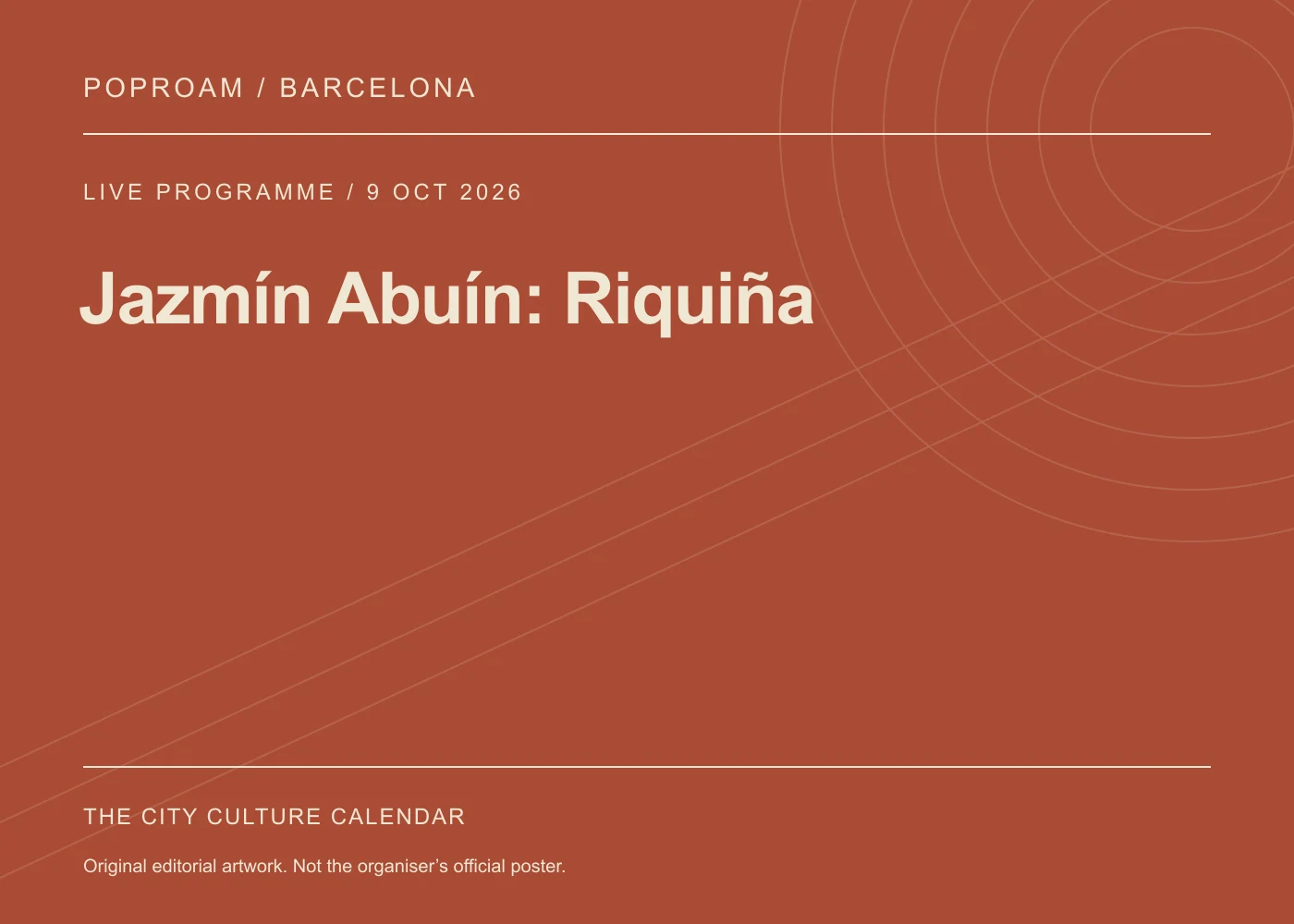 Original editorial programme artwork for Jazmín Abuín: Riquiña. This is not the organiser’s official poster.
