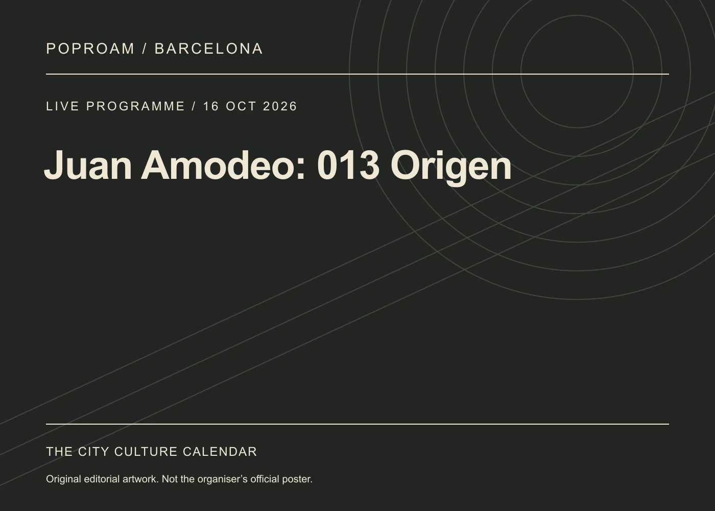 Original editorial programme artwork for Juan Amodeo: 013 Origen. This is not the organiser’s official poster.
