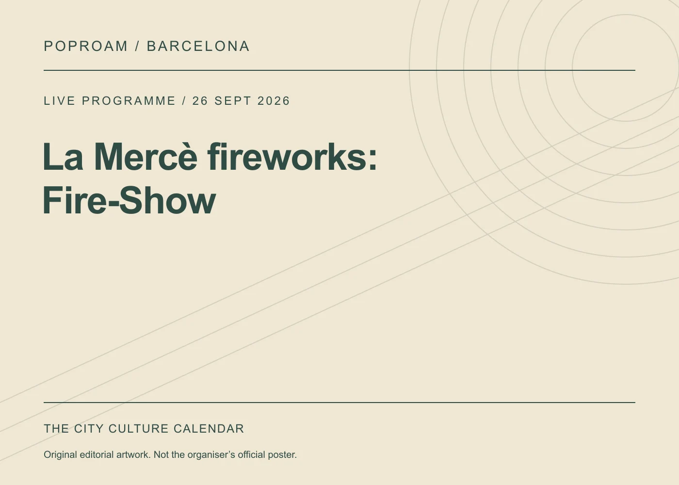 Original editorial programme artwork for La Mercè fireworks: Fire-Show. This is not the organiser’s official poster.