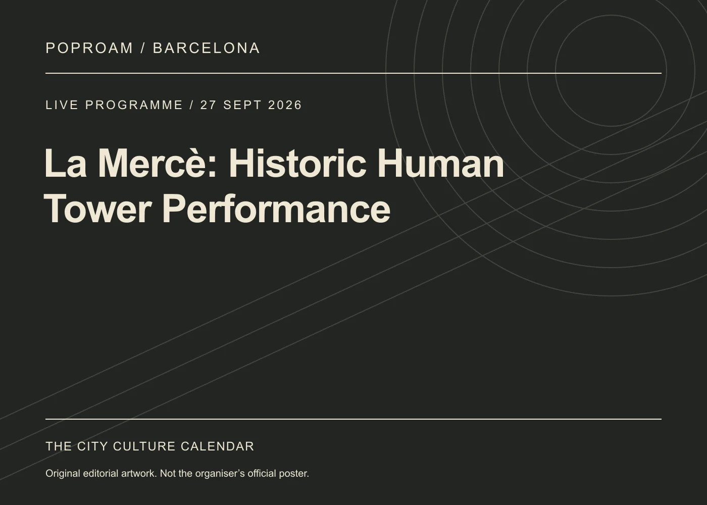 Original editorial programme artwork for La Mercè: Historic Human Tower Performance. This is not the organiser’s official poster.