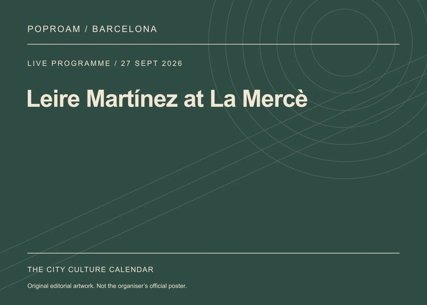 Original editorial programme artwork for Leire Martínez at La Mercè. This is not the organiser’s official poster.