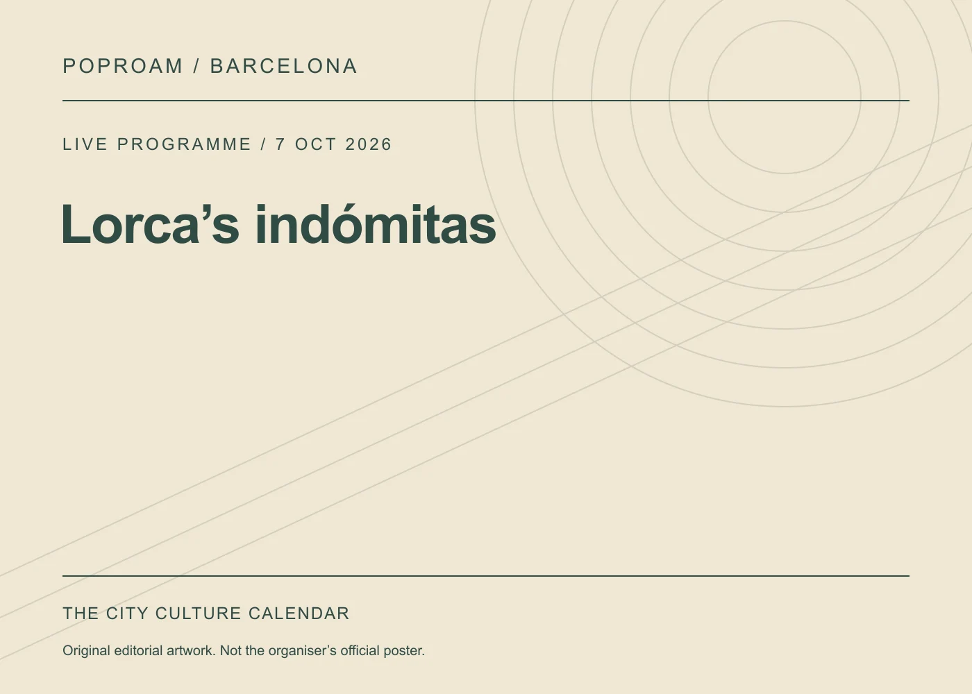 Original editorial programme artwork for Lorca’s indómitas. This is not the organiser’s official poster.