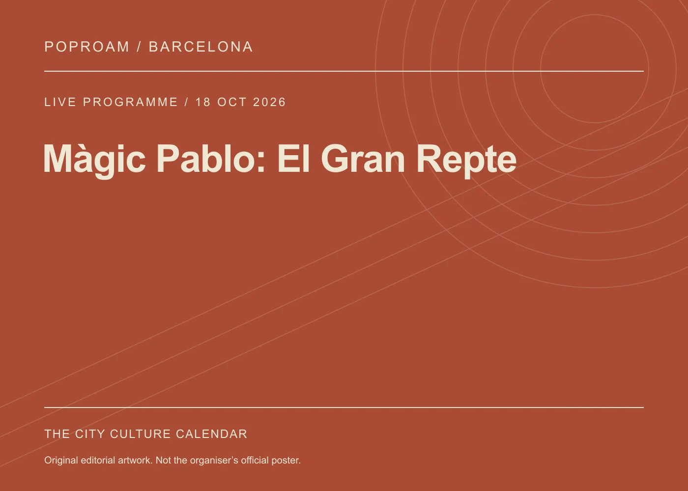 Original editorial programme artwork for Màgic Pablo: El Gran Repte. This is not the organiser’s official poster.