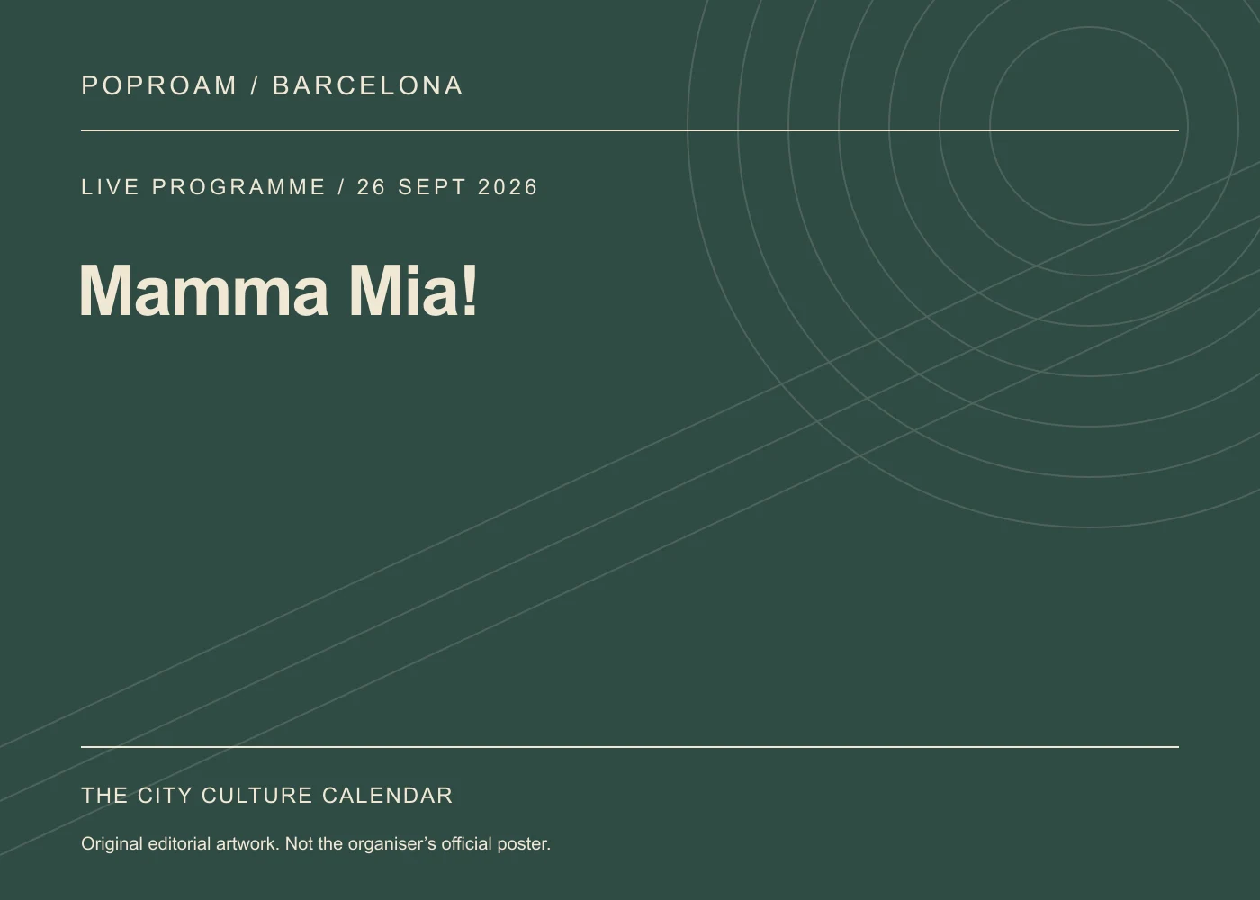 Original editorial programme artwork for Mamma Mia!. This is not the organiser’s official poster.