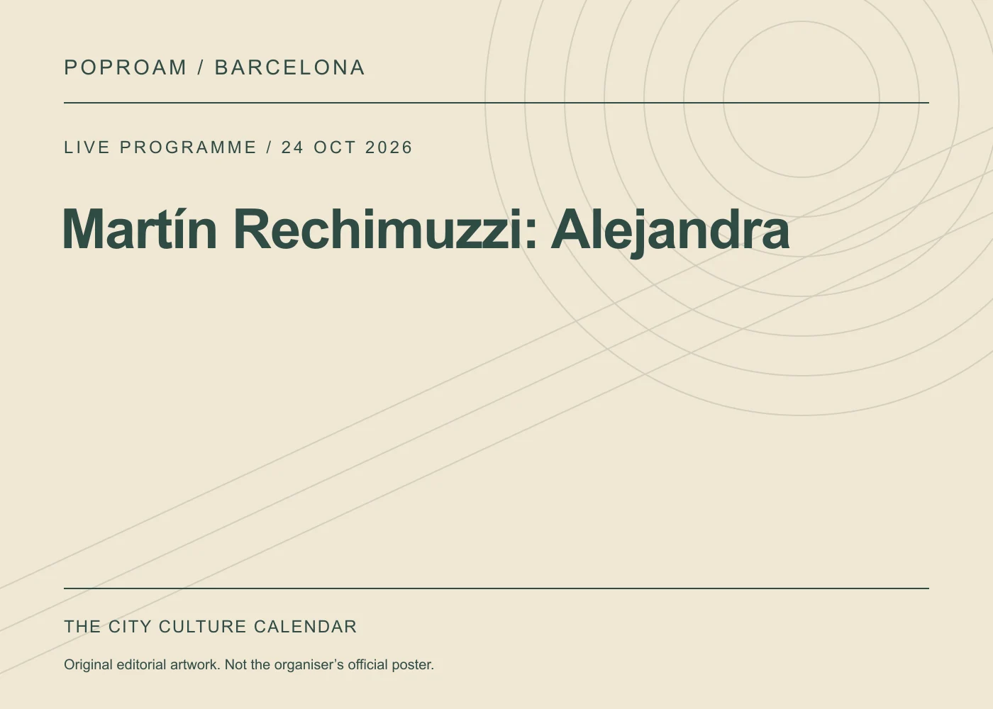 Original editorial programme artwork for Martín Rechimuzzi: Alejandra. This is not the organiser’s official poster.