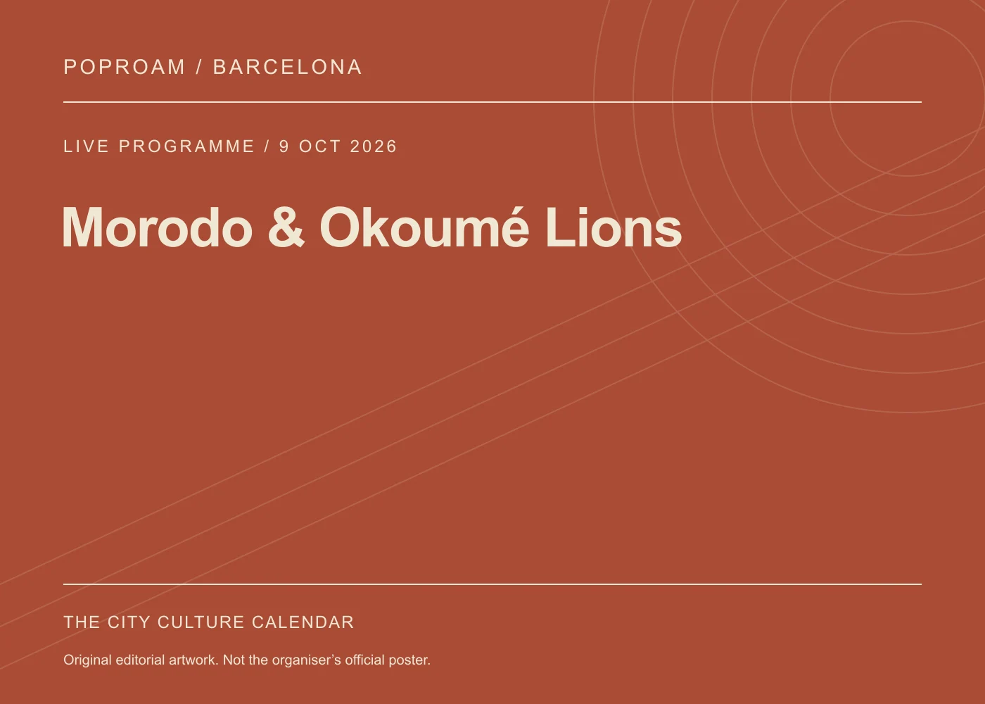Original editorial programme artwork for Morodo & Okoumé Lions. This is not the organiser’s official poster.