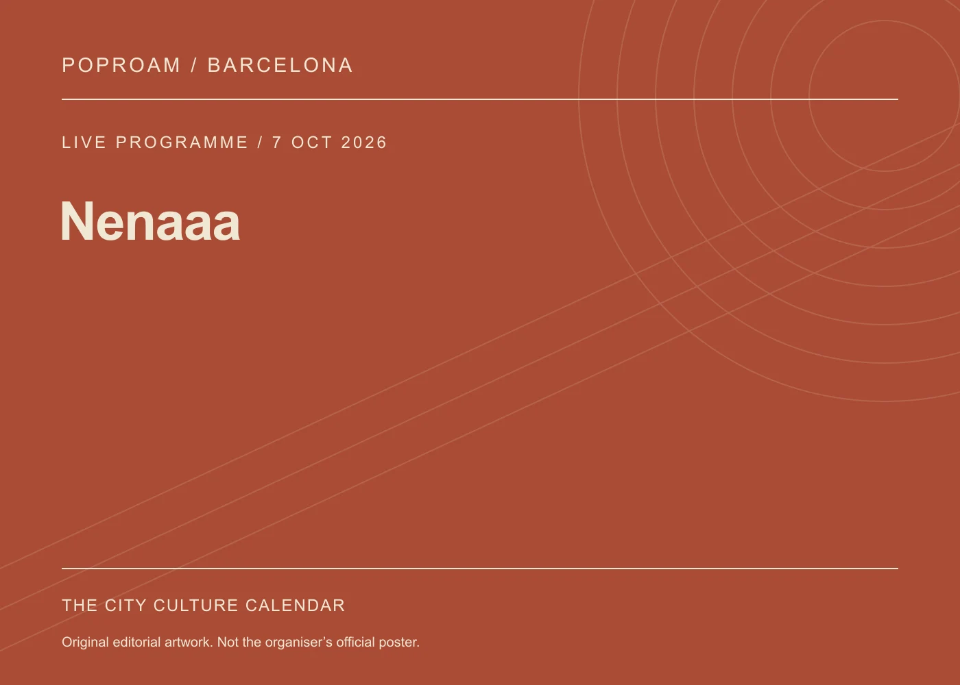 Original editorial programme artwork for Nenaaa. This is not the organiser’s official poster.