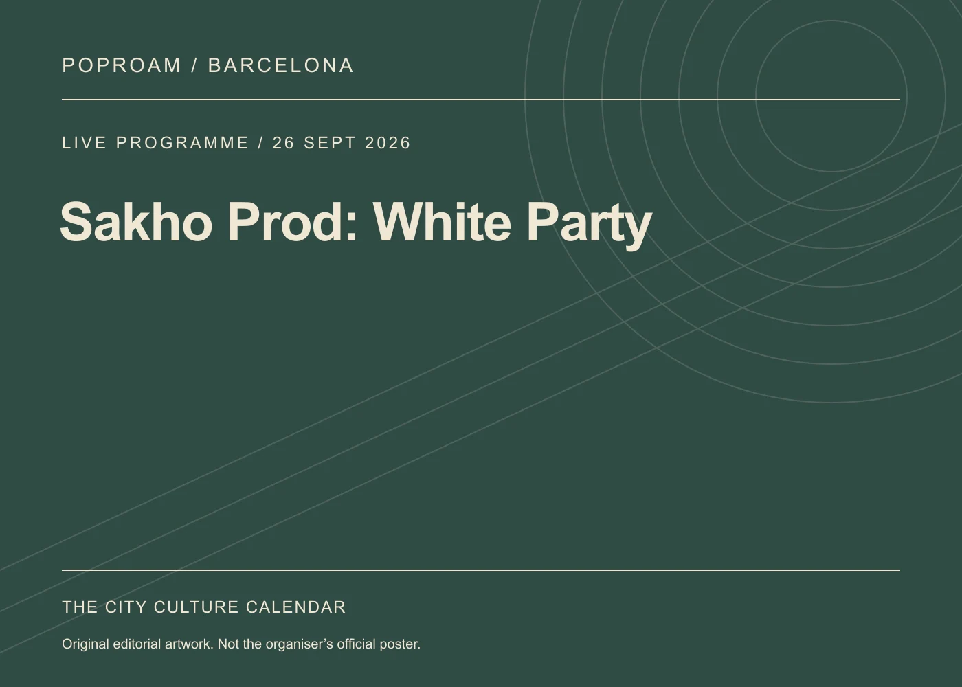 Original editorial programme artwork for Sakho Prod: White Party. This is not the organiser’s official poster.