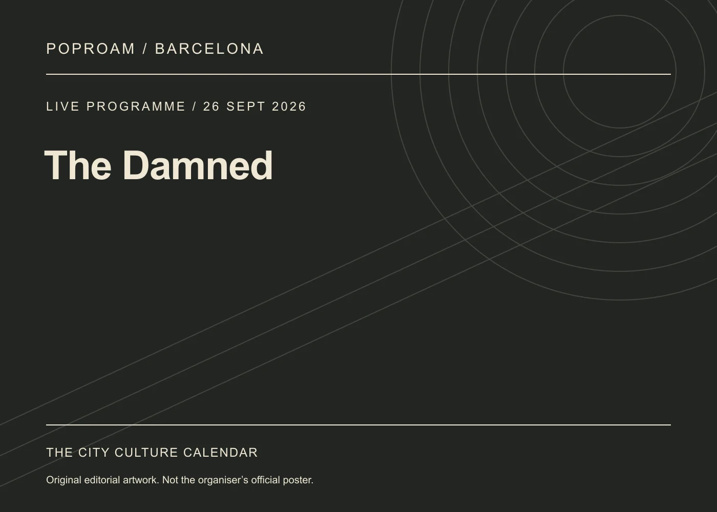 Original editorial programme artwork for The Damned. This is not the organiser’s official poster.